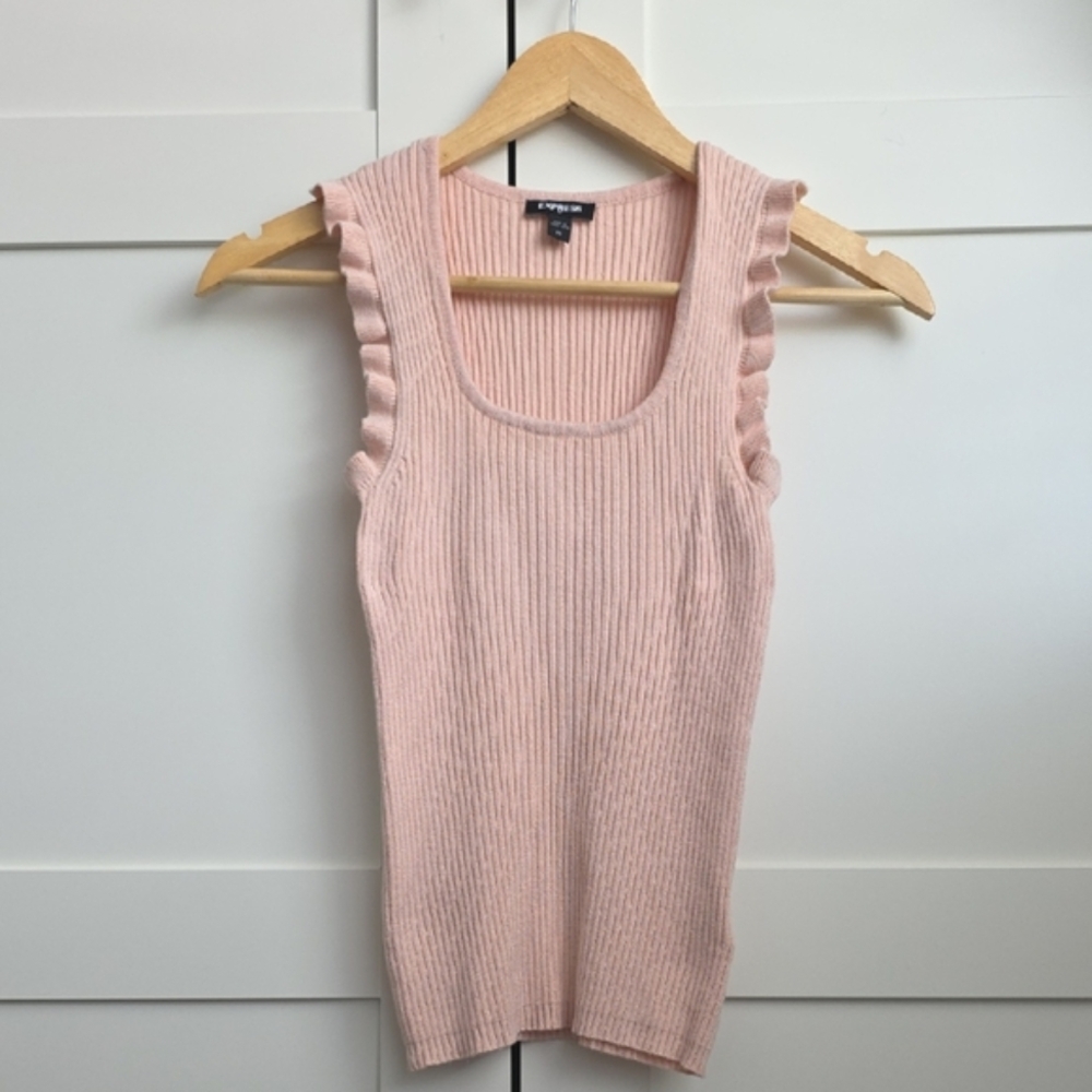 Express Pink Ribbed Ruffle Tank Top - Picture 2 of 7